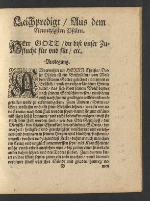 Leichpredigt/ Aus dem Neuntzigsten Psalm.