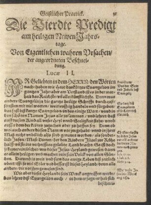 Die Vierdte Predigt am heyligen Newen Jahrstage. Von Eigentlichen wahren Ursachen/ der angeordneten Beschneidung. Lucae II.