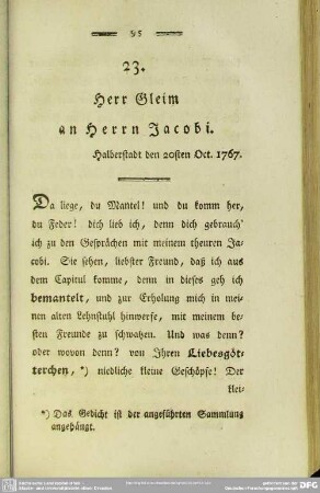 23. Herr Gleim an Herrn Jacobi. Halberstadt den 20sten Oct. 1767