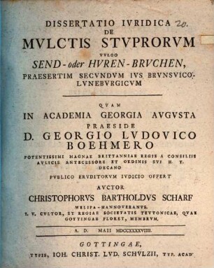 Dissertatio iuridica de mulctis stuprorum vulgo Send- oder Huren-Bruchen : praesertim secundum ius Brunsvico-Luneburgicum
