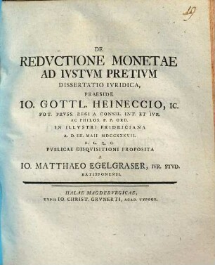 De Reductione Monetae Ad Iustum Pretium : Dissertatio Iurididca