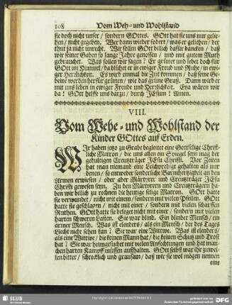 VIII. Vom Wehe- und Wohlstand der Kinder Gottes auf Erden