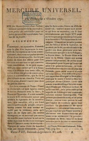 Le Mercure universel. 8. 1791 = Okt.