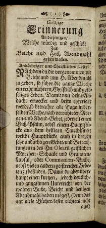 Nöthige Erinnerung An diejenigen / Welche würdig und geschickt Zur Beicht und Heil. Abendmahl gehen wollen.