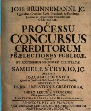 Joh. Brunnemanni, JC. Quondam Consiliar. Elect. Brandenb. & Facultatis Juridicæ in Universitate Francofurtana Ordinarii, De Processu Concursus Creditorum Prælectiones Publicæ