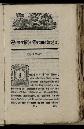 Wienerische Dramaturgie. Erstes Blatt. -Fünf und sechs und zwanzigstes Blatt.