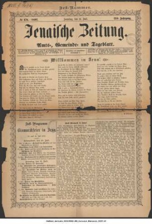 Jenaische Zeitung ; 219. Jahrgang, No. 178 (31. Juli 1892): Festnummer : [zum Besuch des Altreichskanzlers Otto von Bismarck in Jena ]