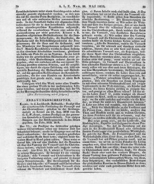 Ernst, C. F. W.: Predigt über die unzertrennliche Verbindung der Vernunft und des Christenthums. Gehalten in der Brüdergemeinde zu Kassel am 42. Aug. 1834. Kassel: Luckhardt 1835
