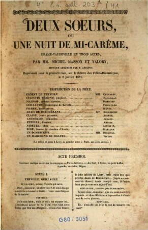 Deux soeurs ou Une nuit de Mi-Carême : drame-vaudeville en trois actes