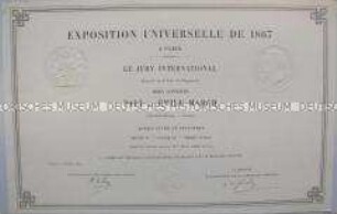 Ehrenurkunde der Pariser Weltausstellung 1867 im Bereich Tonwaren für Paul und Emil March (in französischer Sprache)