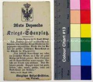 Gedruckte Kriegsdepesche vom Königlichen Polizei-Präsidium über die Kriegsereignisse vom 18.8.1870 bei Rezonville während des Deutsch-Französischen Krieges