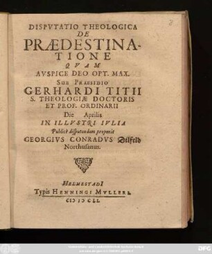 Disputatio Theologica De Praedestinatione