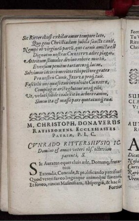 M. Christoph. Donaverus Ratisbonens. Ecclesiates patriae, P.L.C. Cunrado Rittershusio IC. Domino & amico veteri obs. octavum parenti, S.