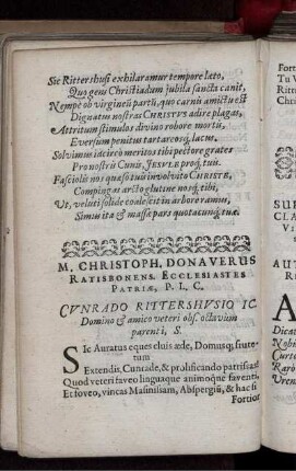 M. Christoph. Donaverus Ratisbonens. Ecclesiates patriae, P.L.C. Cunrado Rittershusio IC. Domino & amico veteri obs. octavum parenti, S.
