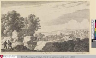 [Flusslandschaft mit Wanderern die den Fluss auf einer Brücke überqueren]