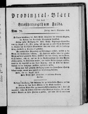 Num. 70., Ausgabe vom 6. September 1816