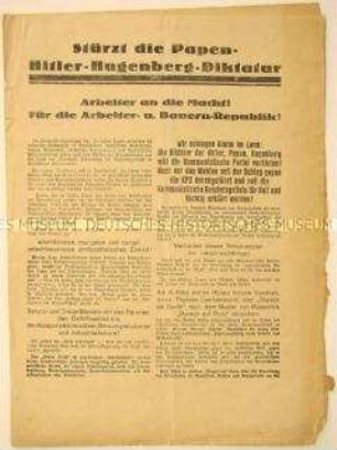 Programmatischer Aufruf der Kommunistischen Partei Deutschlands zum Generalstreik und zum Sturz der Regierung Papen-Hitler-Hugenberg
