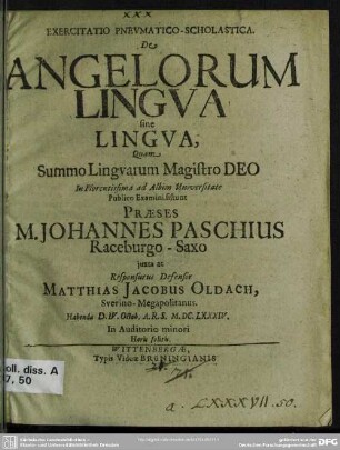 Exercitatio pneumatico-scholastica De angelorum lingua sine lingua