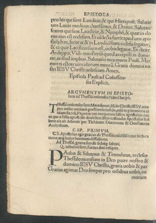 Argumentum In Epistolam ad Thessalonicenses Primam Incipit.