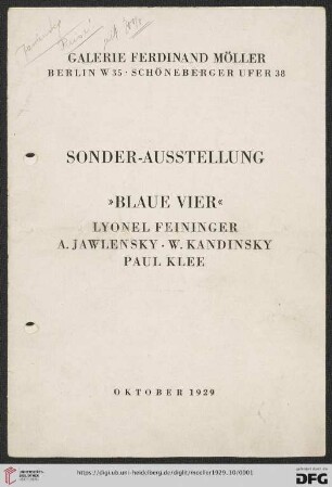 Sonder-Ausstellung "Blaue Vier" : Lyonel Feininger, A. Jawlensky, W. Kandinsky, Paul Klee : Oktober 1929