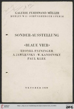 Sonder-Ausstellung "Blaue Vier" : Lyonel Feininger, A. Jawlensky, W. Kandinsky, Paul Klee : Oktober 1929