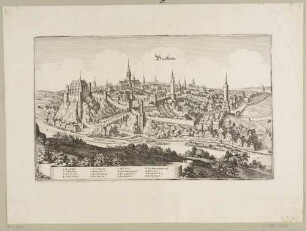 Stadtansicht von Bautzen in der Oberlausitz von Südwesten über die Spree aus leichter Vogelperspektive, aus: Merians Topographia Superioris Saxoniae