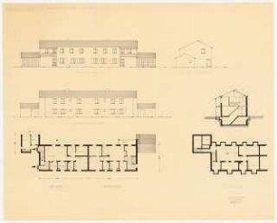 Siedlung Hinrichssegen, Bruckmühl Mehrfamilienwohnhaus: Grundrisse, Aufrisse, Schnitt eines Mehrfamilienwohnhauses 1:100