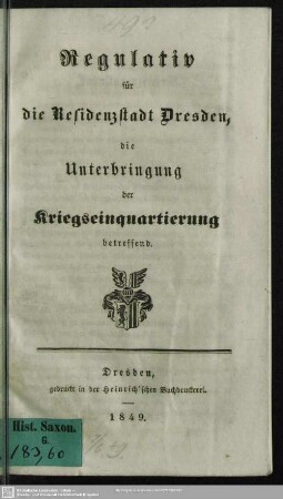 Regulativ für die Residenzstadt Dresden, die Unterbringung der Kriegseinquartierung betreffend