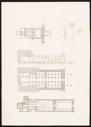 Tempel Soleb in Nubien und zwei Felsentempel: vgl Inv.Nr. 44862, identisch mit Druck Inv.Nr. 44863,1: Grundriss und Säulenprofil, Maßstabsleiste, Längsschnitt und Grundrisse zweier weiterer Felsentempel mit Maßstabsleisten