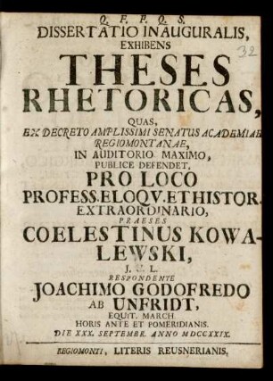 Dissertatio Inauguralis, ExhibensTheses Rhetoricas