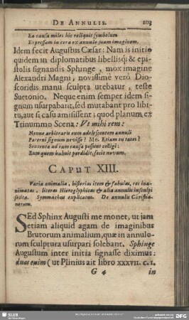 Caput XIII. Varia animalia, historias item & fabulas, res inanimatas, literas, Hieroglyphica & alia annulis insculpi solitas …