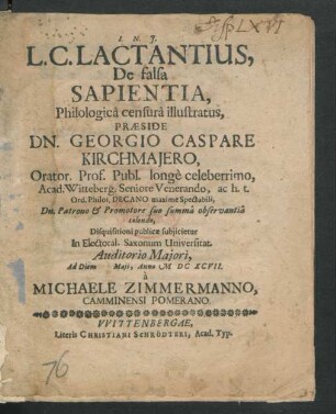 L. C. Lactantius, De falsa Sapientia, Philologica censura illustratus