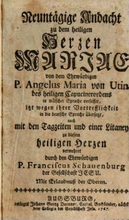 Neuntägige Andacht zu dem heiligen Herzen Mariae