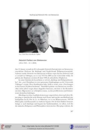 Heinrich Freiherr von Stietencron (18.6.1933–12.1.2018)