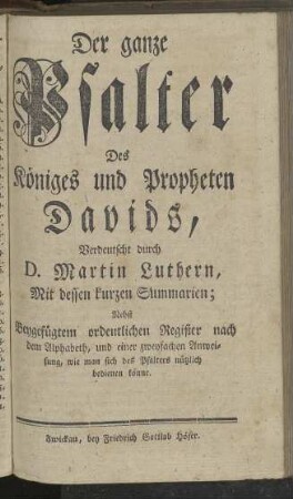 Der ganze Psalter Des Königes und Propheten Davids