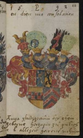 Wappen: Pfalzgräfin Anna (von Pfalz-Zweibrücken-Neuburg), geb. Herzogin von Jülich(-Kleve-Berg) (1552-1632), Eintrag 1592