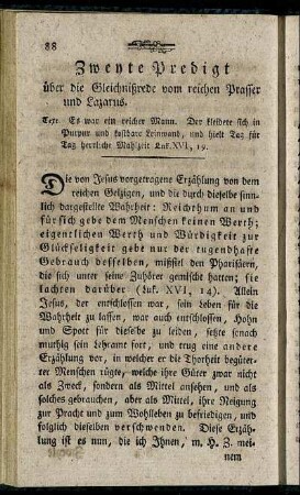 Zweyte Predigt über die Gleichnißrede vom reichen Prasser und Lazarus.