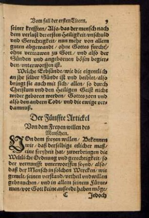 Der Fünffte Artickel Von dem Freyen willen des Menschen.