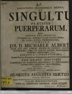Dissertatio Inauguralis Medica, De Singultu Praecipue Puerperarum