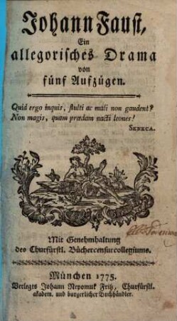 Johann Faust : Ein allegorisches Drama von fünf Aufzügen