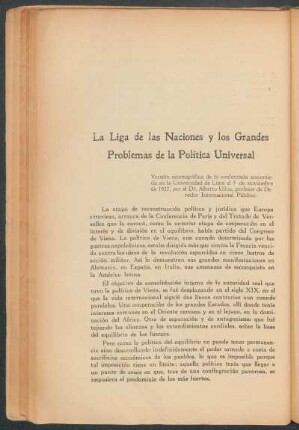 La liga de las Naciones y los grandes problemas de la política universal