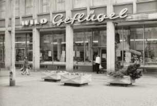 Dresden-Altstadt, Gewandhausstraße 2. Geschäftshaus (1957-1958; H. Terpitz, G. Dettmar, H. Zimmermann) mit Wild- und Geflügelladen