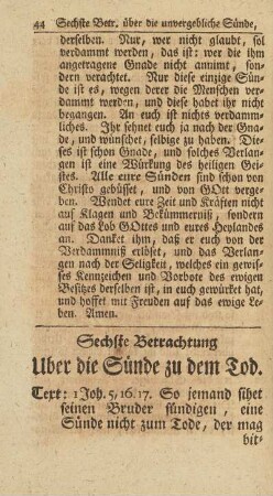 Sechste Betrachtung Uber die Sünde zu dem Tod