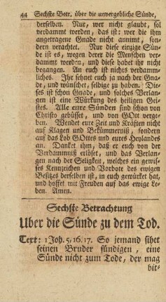 Sechste Betrachtung Uber die Sünde zu dem Tod