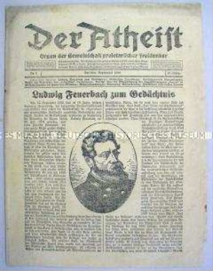 Monatszeitung des Proletarischen Freidenker-Verbandes "Der Atheist" u.a. zum 50. Todestag von Ludwig Feuerbach
