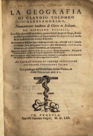 La Geografia Di Clavdio Tolomeo Alessandrino, [0]. [Hauptwerk]
