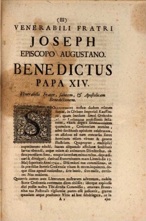 Epistola scripta Joseph Episcopo Augustano (in causa B. Crescentiae Kaufburanae) : incip. "Sollitudini nostrae dudum relatum fuerat"