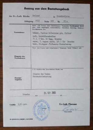 Auszug aus dem Bestattungsbuch zu Pauline Wilhelmine Wehner