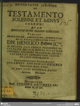 Dissertatio Iuridica De Testamento Solenni Et Minus Solenni