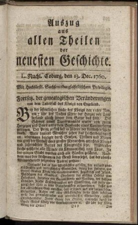 L. Nachl. Coburg, den 13. Dec. 1760.